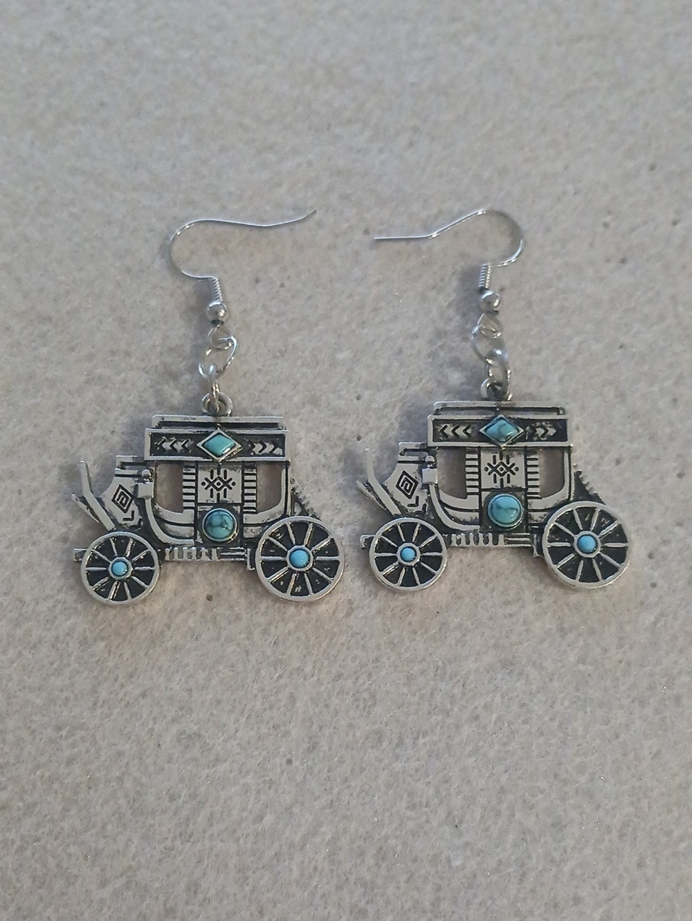 230- Silver Stagecoach Dangle Earrings with Turquoise Accents